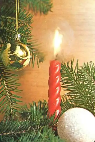 Holiday postcard Christmas Romania globes and tree candle