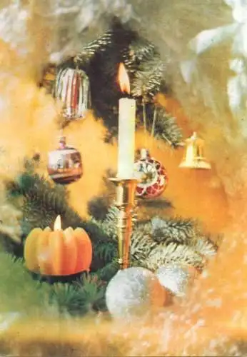Holiday postcard Christmas Romania globes and tree
