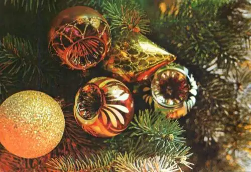 Holiday postcard Christmas Romania globes and tree
