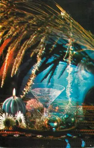 Holiday postcard Christmas New Year Romania candle and champagne glass