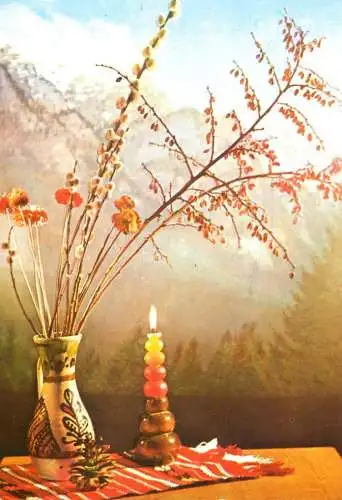 Flowers plants postcard table arrangement and candle