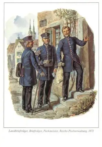 Postal services postcard painting Landbrieftrager Brieftrager Packmeister Reichs Potverwaktung 1871