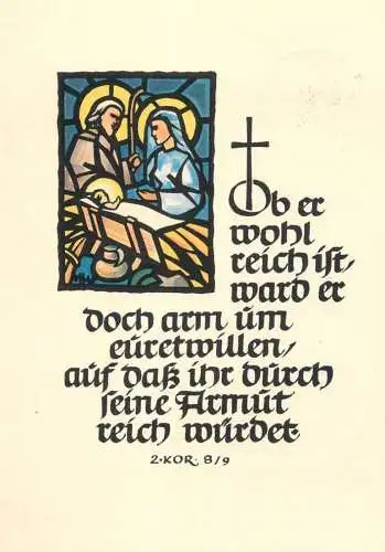 Religion postcard icon and painted window