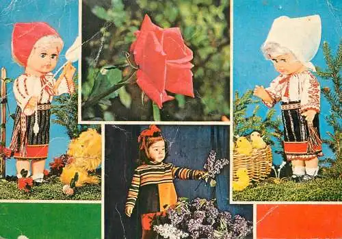 Holiday postcard flower and children scene