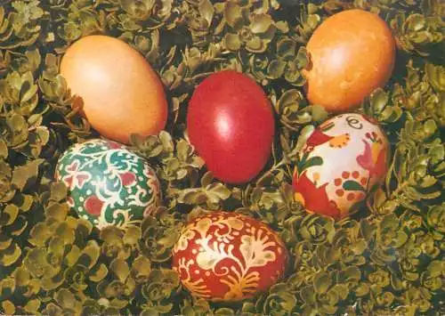 Holiday postcard Easter eggs and basket 1976