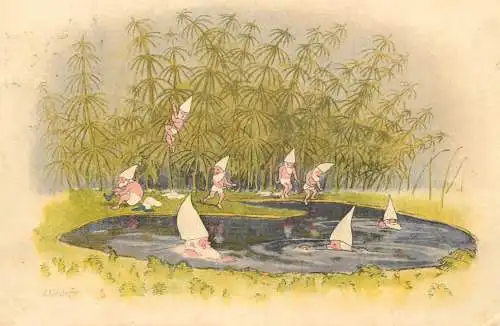 Suisse PRO JUVENTUTE Les petits lutins prennent leur bain illustrateur E. Kreidolf 1920 Summer bathing dwarfs