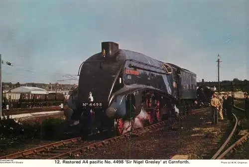 Transportation postcard train restored A4 Pacific Sir Nigel Gresley at Carnforth