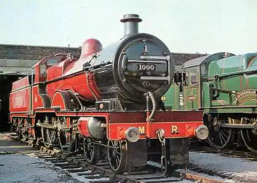 Transportation postcard train MR compound No 1000 Carnforth May 1976