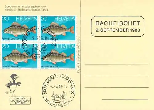 Fishes stamps on postcard Switzerland Schweiz 700 Jahre Stadtrecht Aarau 1283-1983