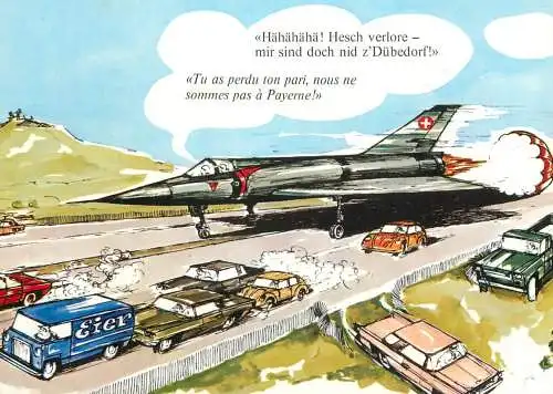 Airplane on highway comic Swiss humour postcard