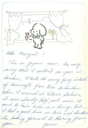 Drawn puppy dog cheers champagne Japan Hallmark greetings postcard 1977