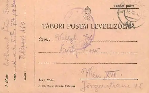 Tabori Postai Feldpost Wien 1916