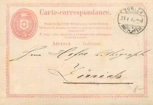Switzerland carte correspondance Zurich 1872