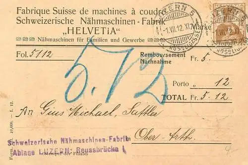 Switzerland Luzern Schweizerische Nahmaschinen-Fabrik HELVETIA Fabrique Suisse de machinea a coudre
