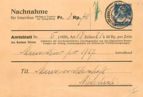 Switzerland Niederhasli 1928 stationery card