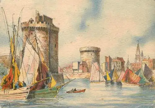 France La Rochelle - Sortie du Port signed illustration