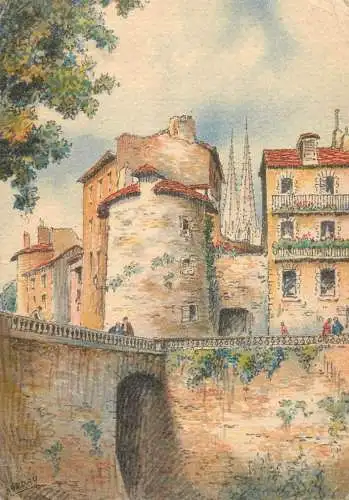 France Bayonne Les Remparts & la Tour de Lachepaillet signed illustration