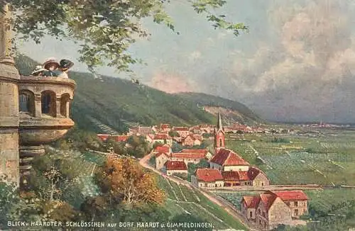 Germany postcard Oilette Blick v. Haardter Schlosschen auf Dorf Haardt