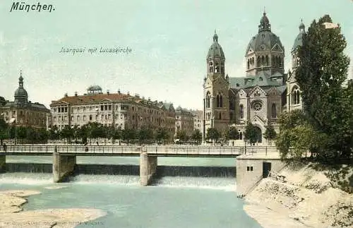 Germany postcard Munchen Jsarquai mit Lucaskirche