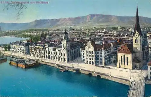 Switzerland postcard Zürich stadhausquai und Uetliberg