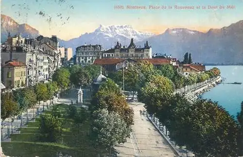 Switzerland postcard Montreux place de la Rouvenaz et la Dent du Midi