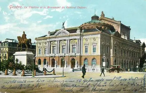 Switzerland postcard Genève le theatre et le monument du Genral Dufour
