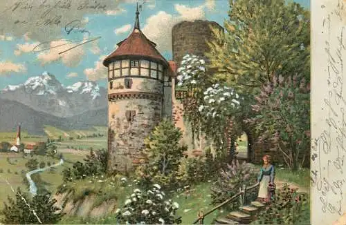 Switzerland postcard rural landscape painting and castle