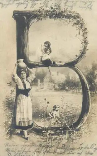 Alphabet letter B fantaisie enfants femme 1906