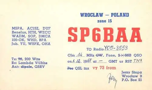 Radio amateur QSL card Poland Wroclaw zone 15 Sp6BAA Jerzy Stopa