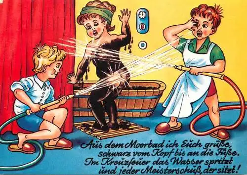 Comic caricature aus dem Moorbad children cleaning hose