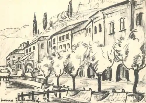Switzerland Morcote villsge etch drawing Hans Zolauf
