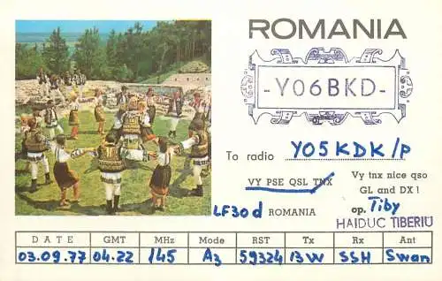 Romania radio amateur QSL card Y05BKD op. Tiby Haiduc TIberiu Y05KDK
