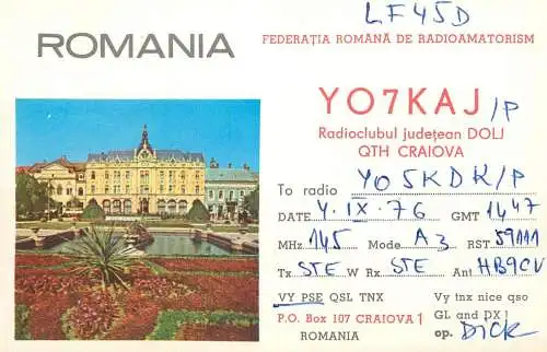 Romania radio amateur QSL card Y07KAJ Dolj Craiova Y05KDK