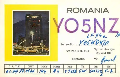 Romania radio amateur QSL card Y05NZ Y05KDK
