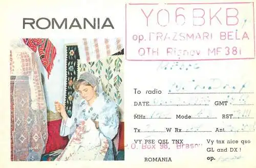 Romania radio amateur QSL card Y06BLB op. Prazsmari Bela RasnovY05KDK