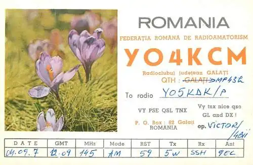 Romania radio amateur QSL card Y04KCM Galati  Y05KDK