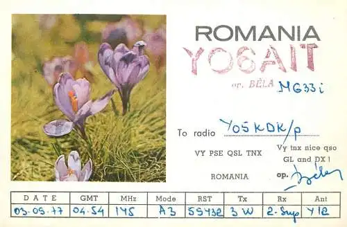 Romania radio amateur QSL card Y06AIT op. Bela  Cluj Napoca Y05KDK