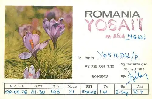 Romania radio amateur QSL card Y06AIT op. Bela  Cluj Napoca Y05KDK
