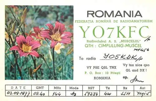 Romania radio amateur QSL card Y07KFC Campulung Muscel Y05KDK