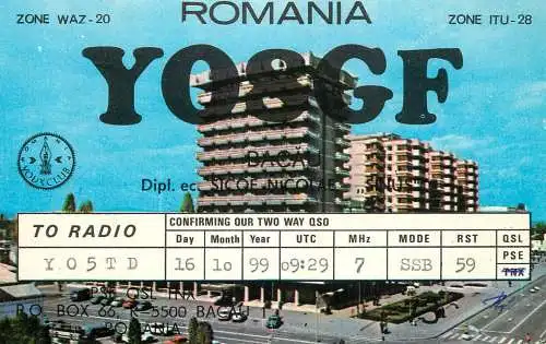 Romania radio amateur QSL card Y08GF Y05TD