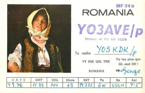 Romania radio amateur QSL card Y03AVE Y05KDK Cluj op. George