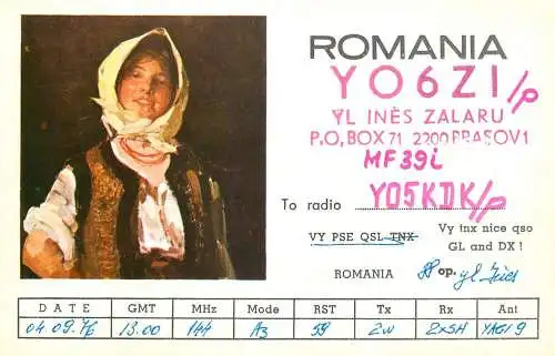Romania radio amateur QSL card Y06ZI Ines Zalaru Y05KDKCluj Y05KDK
