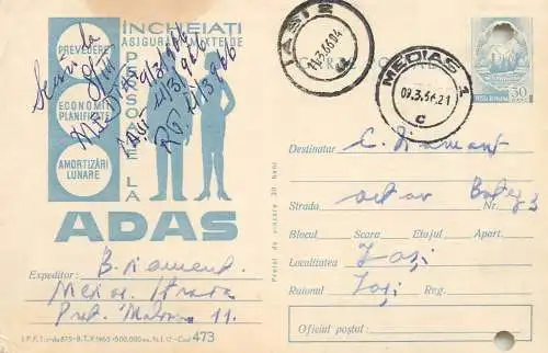 Romania postal stationery postcard reclama la asigurari ADAS 1966