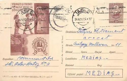 Romania postal stationery postcard iron scrap recycle drive ad 1964