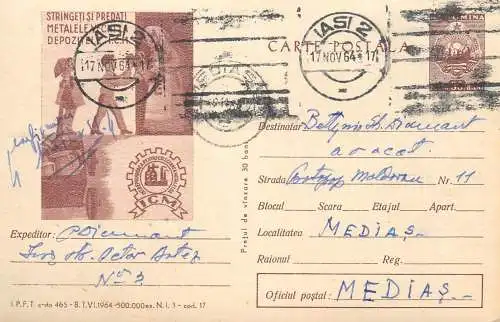 Romania postal stationery postcard iron scrap recycle drive ad 1964