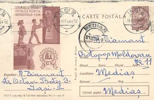 Romania postal stationery postcard iron scrap recycle drive ad 1964
