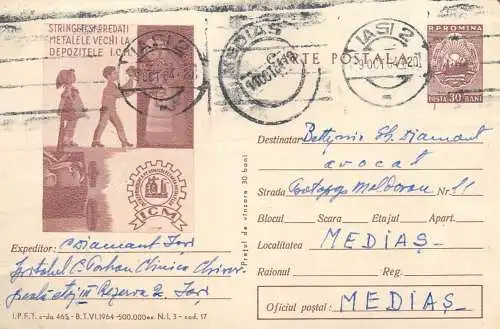 Romania postal stationery postcard iron scrap recycle drive ad 1964