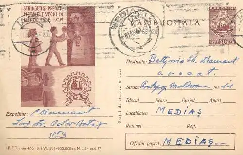 Romania postal stationery postcard iron scrap recycle drive ad 1964