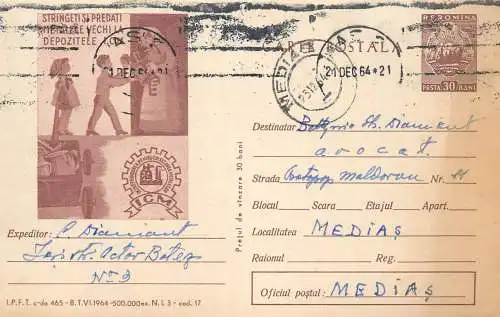 Romania postal stationery postcard iron scrap recycle drive ad 1964