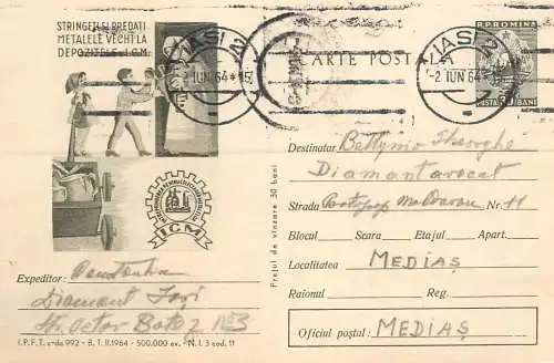 Romania postal stationery postcard iron scrap recycle drive ad 1964